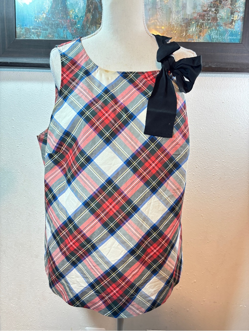 J. Crew Plaid Tank Top with Black Shoulder Bow